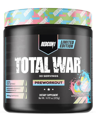 Redcon1 Total War supplement container with rainbow sherbet flavor, featuring bold branding and colorful label design.