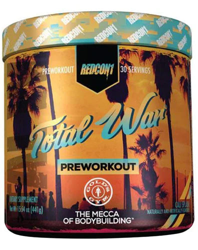 Redcon1 Total War pre-workout supplement container with Cali Splash flavor, featuring vibrant branding and colorful label design.