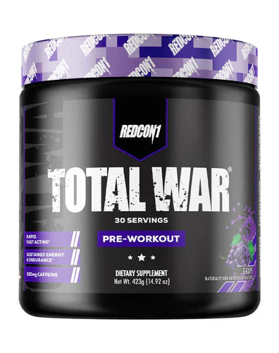Redcon1 Total War pre-workout powder container with grape flavor, 30 servings, showing the product label on a black background.
