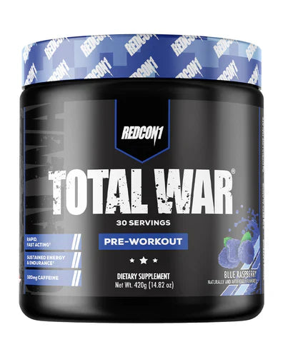 Redcon1 Total War pre-workout supplement in blue raspberry flavor, showing the 30-serving container with blue and black packaging.