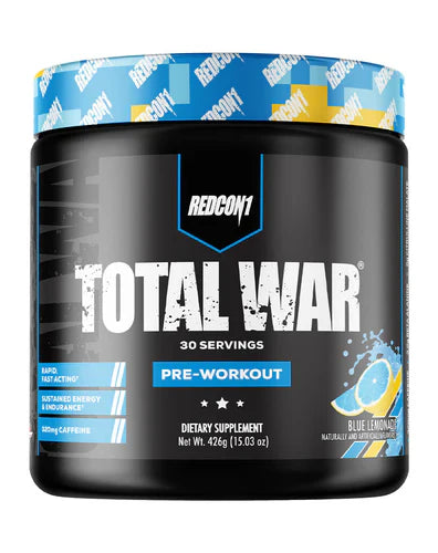 Blue Lemonade flavored REDCON1 TOTAL WAR pre-workout supplement in a 30-serving container.