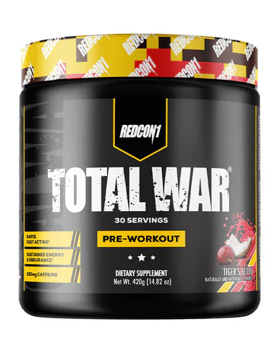 Redcon1 Total War pre-workout supplement in Tiger's Blood flavor with 30 servings, featuring vibrant red and black packaging.