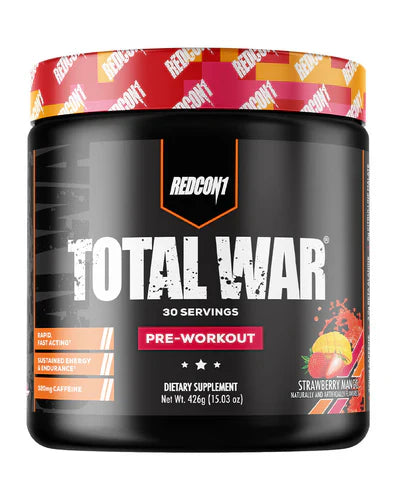 Redcon1 Total War pre-workout supplement in strawberry mango flavor, showing the container with label and product scoop.