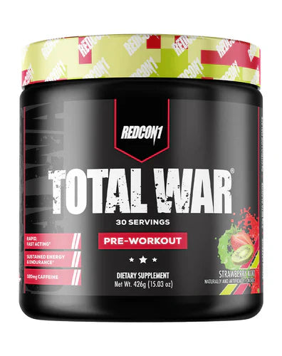 Redcon1 Total War pre-workout powder in strawberry kiwi flavor, showing the container and serving scoop.