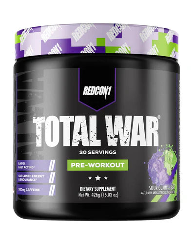 Redcon1 Total War pre-workout supplement in Sour Gummy Bear flavor, showing the product container with branding and label.