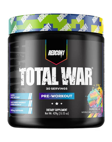 Redcon1 Total War pre-workout powder in Rainbow Candy flavor, featuring a colorful container with scoops of supplement powder.