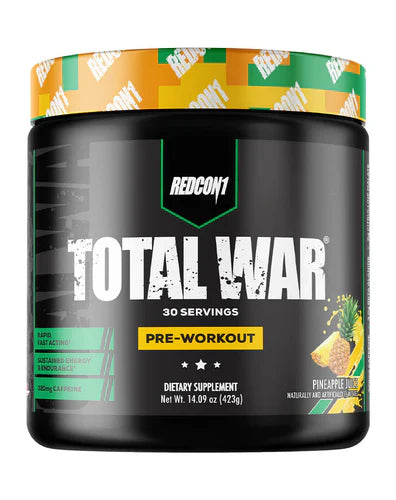 Redcon1 Total War pre-workout supplement in pineapple juice flavor, showing the product container with vibrant label design.