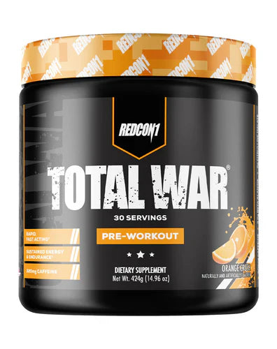 Redcon1 Total War orange crush pre-workout supplement in 30-serving container, showing the label and orange flavor packaging.