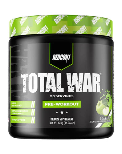 Redcon1 Total War pre-workout powder in green apple flavor, showing the container with label and green apple flavor accents.
