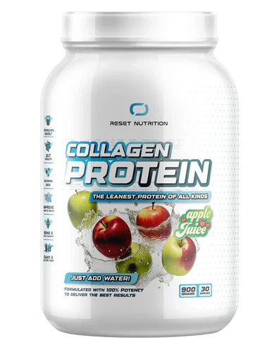 Reset Nutrition Collagen Protein in 900g container with apple juice flavor, showing the powder and packaging.