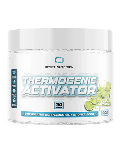 Reset Nutrition Thermogenic Activator in Lime Cordial flavor, featuring a sleek container with the product label visible.