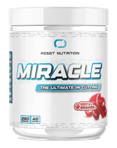 Reset Nutrition Miracle supplement bottle with red snake design, featuring colorful label and product branding on a white background.
