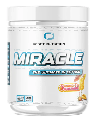 Reset Nutrition Miracle supplement bottle with label, set against a neutral background, showcasing the product branding.