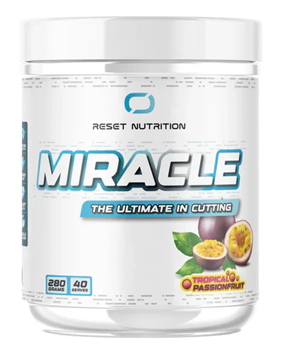 Reset Nutrition Miracle Passionfruit supplement container with vibrant label, showcasing a health-focused dietary product.
