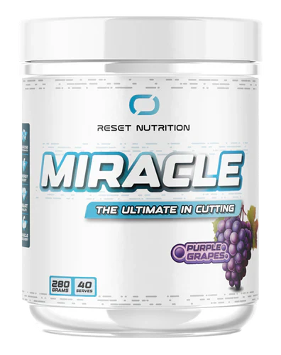 Reset Nutrition Miracle supplement bottle with purple grape flavor, showcasing the Reset Nutrition product branding and design.