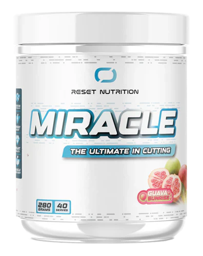 Reset Nutrition Miracle Guava Sunrise flavor in a sleek bottle, showcasing vibrant fruit imagery and modern design.