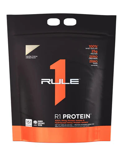 Rule 1 Protein Isolate vanilla flavor in a 10lb container, showing the product packaging and label.