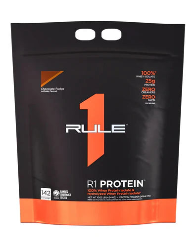Rule 1 Protein Isolate container in chocolate flavor, 10-pound size, showing the black and gold label with product details.