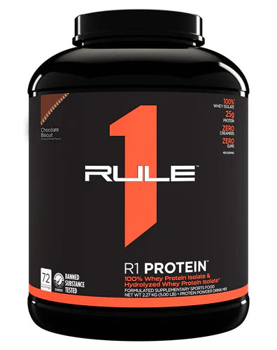 Rule 1 Protein Isolate in chocolate biscuit flavor, 5lb container, showing the product packaging and label.