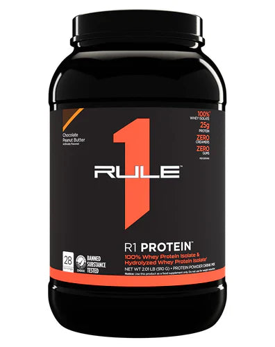 Jar of RULE 1 PROTEIN ISOLATE supplement, featuring white powder with label detailing nutritional information and brand logo.