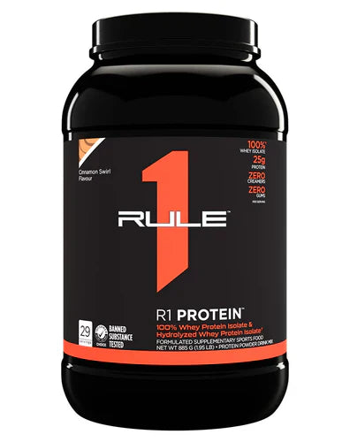 Rule 1 Protein Isolate container featuring Cinna-Swirl flavor, high-quality protein supplement from Rule 1 brand.
