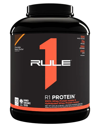 Rule 1 Protein Isolate container, 5lb size, high-quality whey protein supplement from RULE1 with a sleek black and silver design.