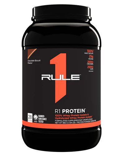 Rule 1 Protein Isolate in chocolate biscuit flavor, 2lb container, showing the product label and packaging design.
