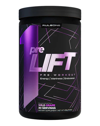 RULE 1 PRE LIFT supplement container with label showing grape flavor, designed for pre-workout energy and focus.
