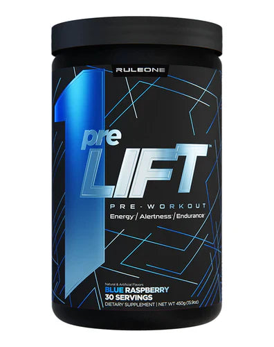 RULE 1 PRE LIFT supplement container with label, featuring blue and gray design, for enhanced workout performance.