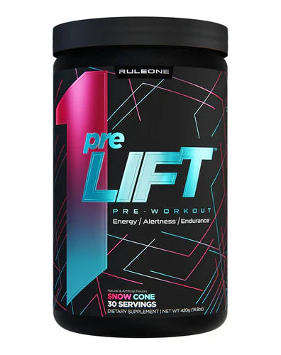 RULE 1 PRE LIFT supplement bottle featuring the RULE1 logo, with a focus on the product label and packaging details.