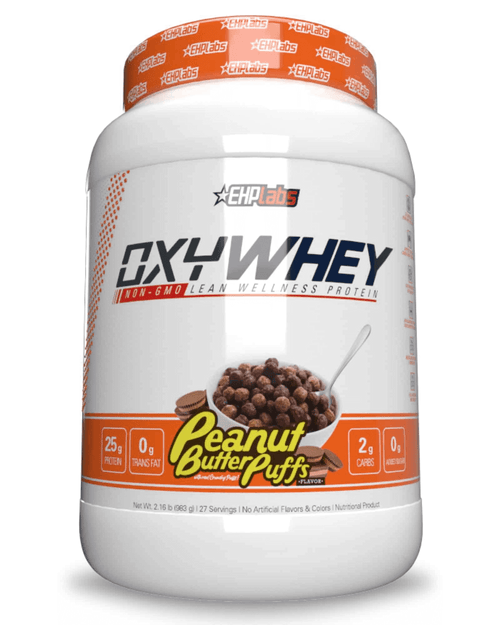 EHP LABS OXYWHEY protein supplement container with label, showcasing the EHP LABS brand and product packaging.