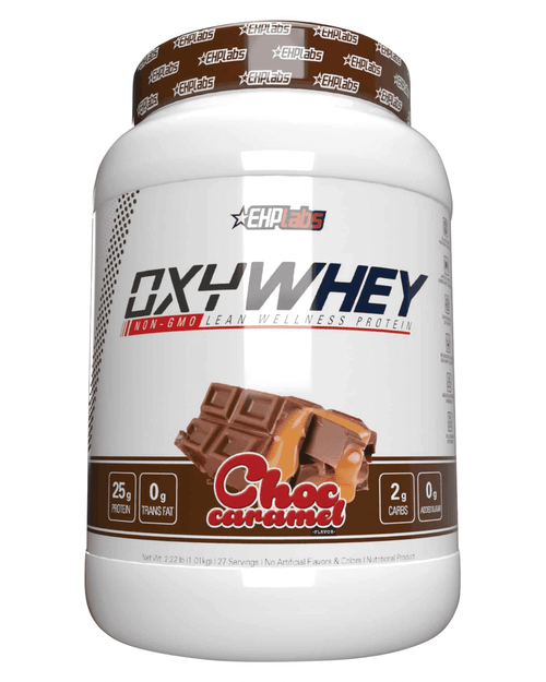 EHP LABS OXYWHEY protein powder container with label and scoop, showcasing the EHP LABS brand packaging.