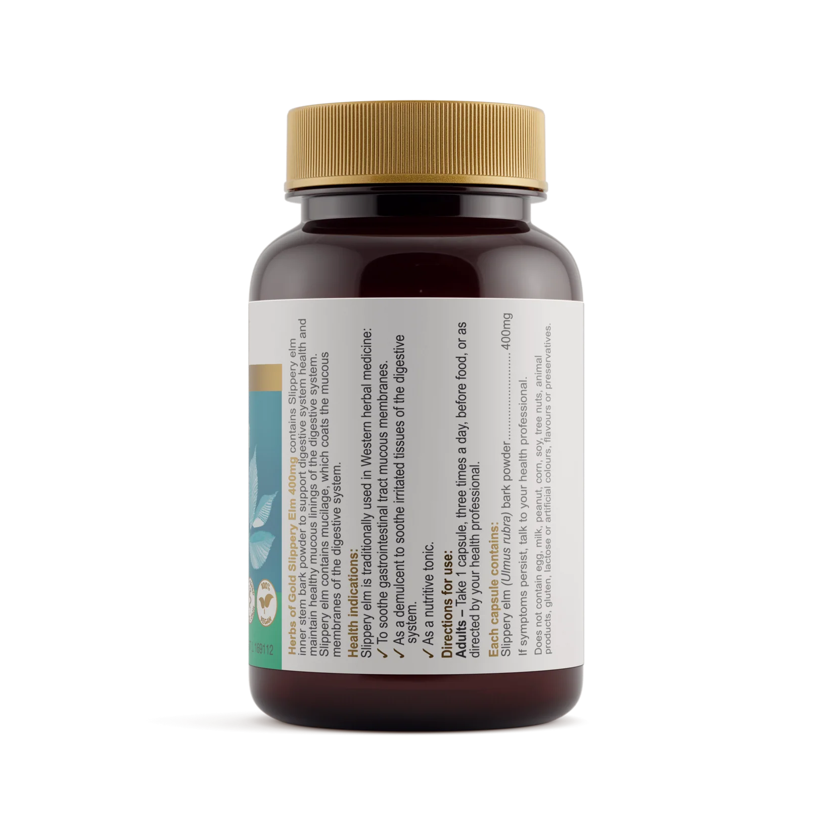 Herbs of Gold slippery elm 400mg supplement capsules in a bottle, with a close-up of the label showing the product name and branding.