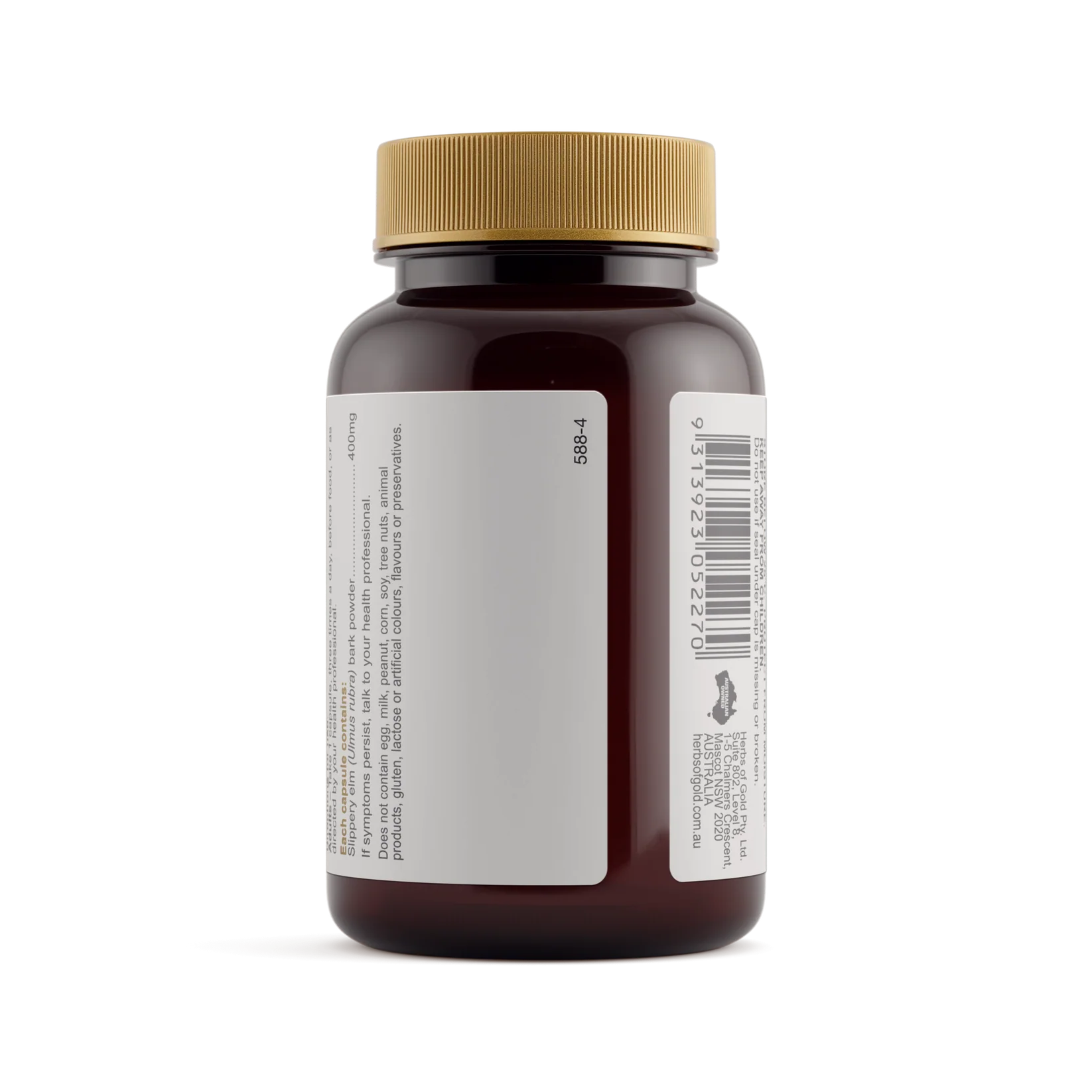 Herbs of Gold Slippery Elm 400mg supplement bottle with label, showing herbal product for soothing throat and digestive support