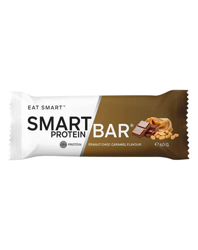 Smart Protein Bar by Smart Diet Solutions with peanut, chocolate, and caramel flavor in a sealed packaging.