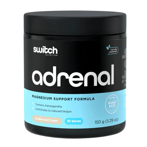 Switch Nutrition Adrenal Switch powder in Cookies and Cream flavor, 150g, shown in a resealable bag with a scoop of powder.