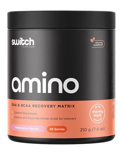 Switch Nutrition Amino Switch powder in watermelon flavor, showing the vibrant supplement container with a scoop of powder.