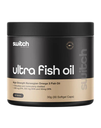 Switch Nutrition Ultra Fish Oil bottle with label showing 30 softgels, emphasizing high-quality omega-3 supplement.