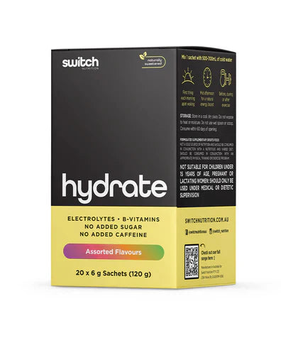 Assorted Switch Nutrition Hydrate Sachets with colorful powder packets for hydration and electrolyte replenishment.
