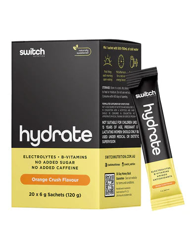 Switch Nutrition Hydrate Sachets in Orange Crush flavor, showing the orange powder sachet on a white background.