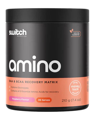 Switch Nutrition Amino Switch powder container with raspberry flavor, showing the supplement packaging and branding.