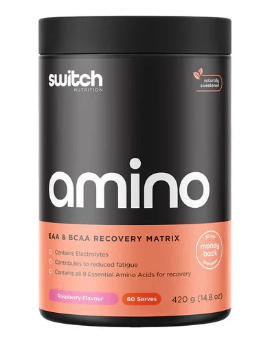 Switch Nutrition Amino Switch raspberry flavored powder in a container with a scoop, ready for mixing.
