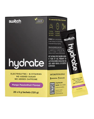 Switch Nutrition Hydrate Mango-Passionfruit sachet, a refreshing electrolyte drink supplement in individual sachet for hydration.