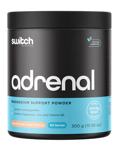 Switch Nutrition Adrenal Switch powder in peaches and cream flavor, featuring a 60-serving container with a peach-colored label.