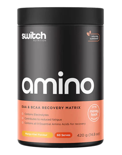 Switch Nutrition Amino Switch powder in Mango Kiwi flavor, featuring a bright orange container with a scoop of powder and fresh fruit slices.