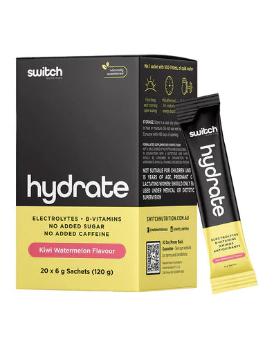 Switch Nutrition Hydrate sachets with kiwi and watermelon flavor, featuring colorful sachets for easy hydration and refreshment.