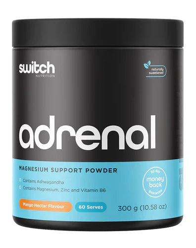 Switch Nutrition Adrenal Switch powder in mango nectar flavor, shown in a 60-serving container with scoop and supplement packaging.