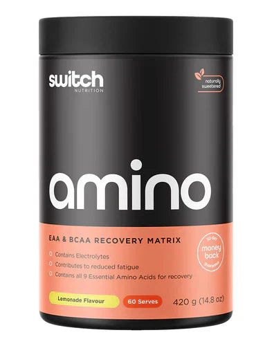 Switch Nutrition Amino Switch Lemonade powder in a container, showcasing the front label with lemon flavor and 60 servings.