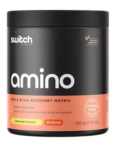 Switch Nutrition Amino Switch powder in Lemonade flavor, showing a bright lemon drink with a scoop of powdered supplement.