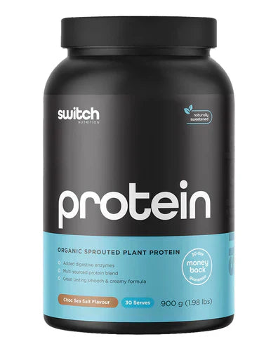 Switch Nutrition Protein Switch in chocolate sea salt flavor, showing the front of the protein supplement container.